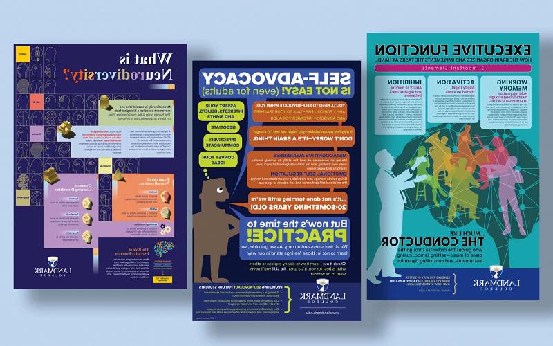 Thumbnails images of three infographics created by Landmark College. One on self-advocacy, one on executive function and one on neurodiversity