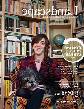 Cover of 2016 issue of Landscape magazine, showing Rae Jacobson in front of bookshelves