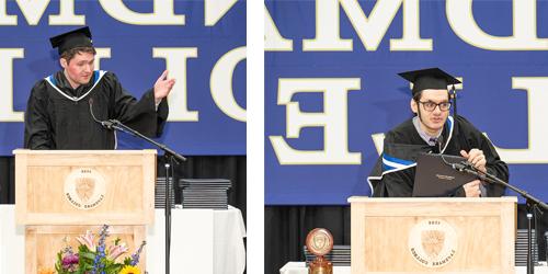 Photos of 詹姆斯•摩根 and 杰克病房 wearing graduation regalia while standing at podium addressing audience